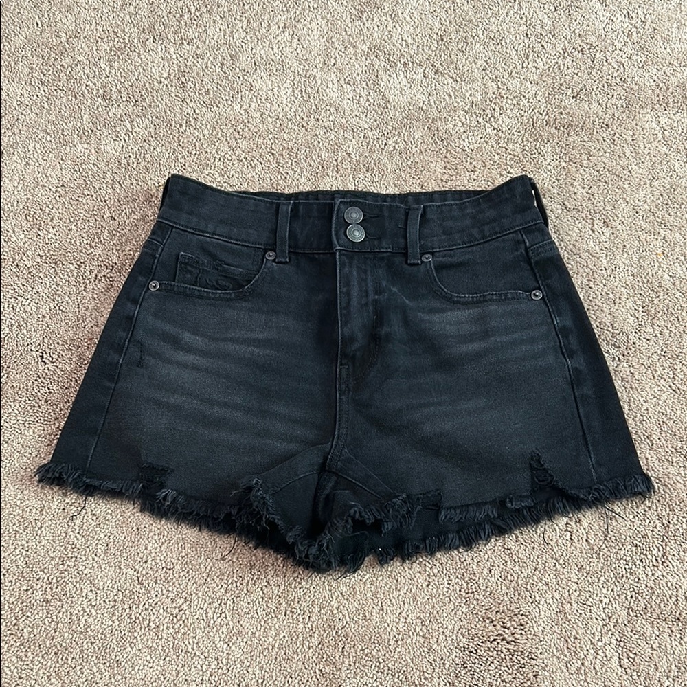 Black Denim Frayed Hem Shorts